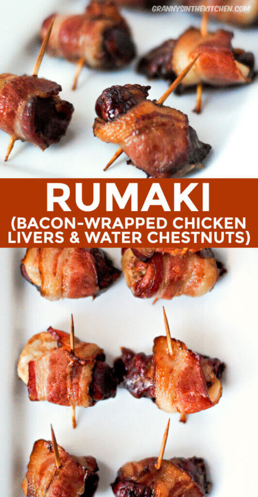 2 photo vertical Pinterest collage showing Rumaki recipe, with text overlay of recipe name.