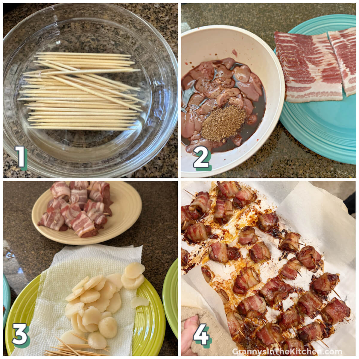 4 step photo collage showing how to make Rumaki appetizer with chicken livers and bacon.