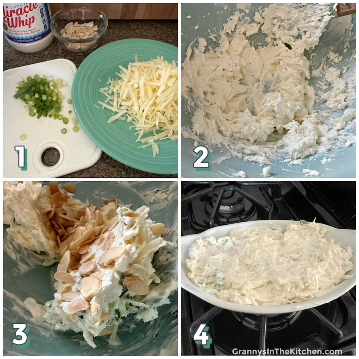 4 step photo collage showing how to make Swiss cheese dip.