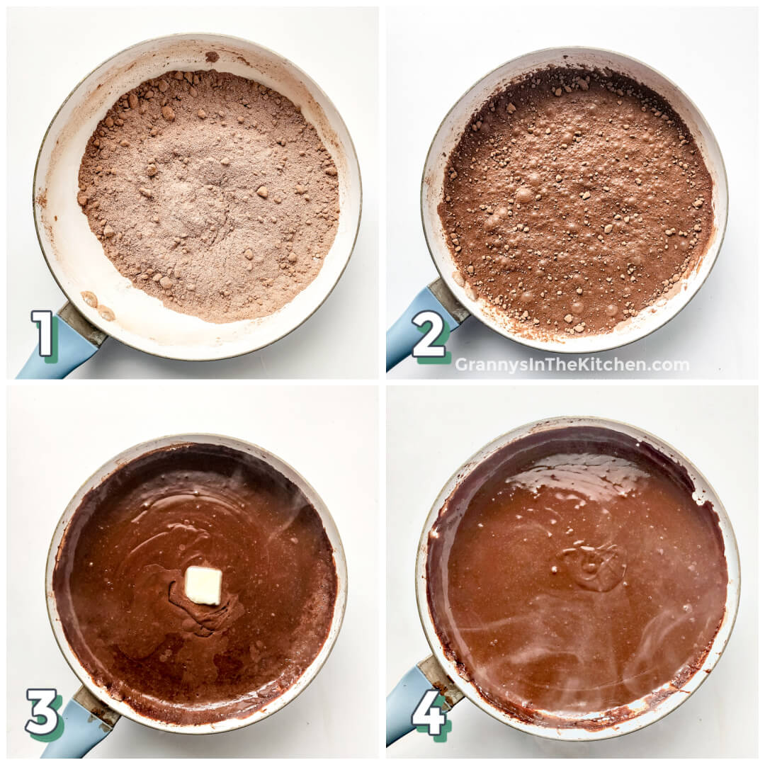 4 step photo collage showing how to make chocolate gravy.