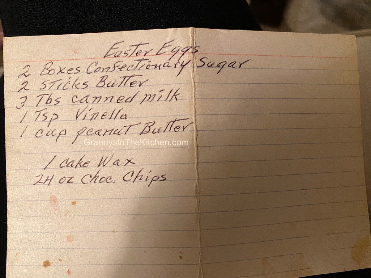 handwritten recipe card for peanut butter eggs.