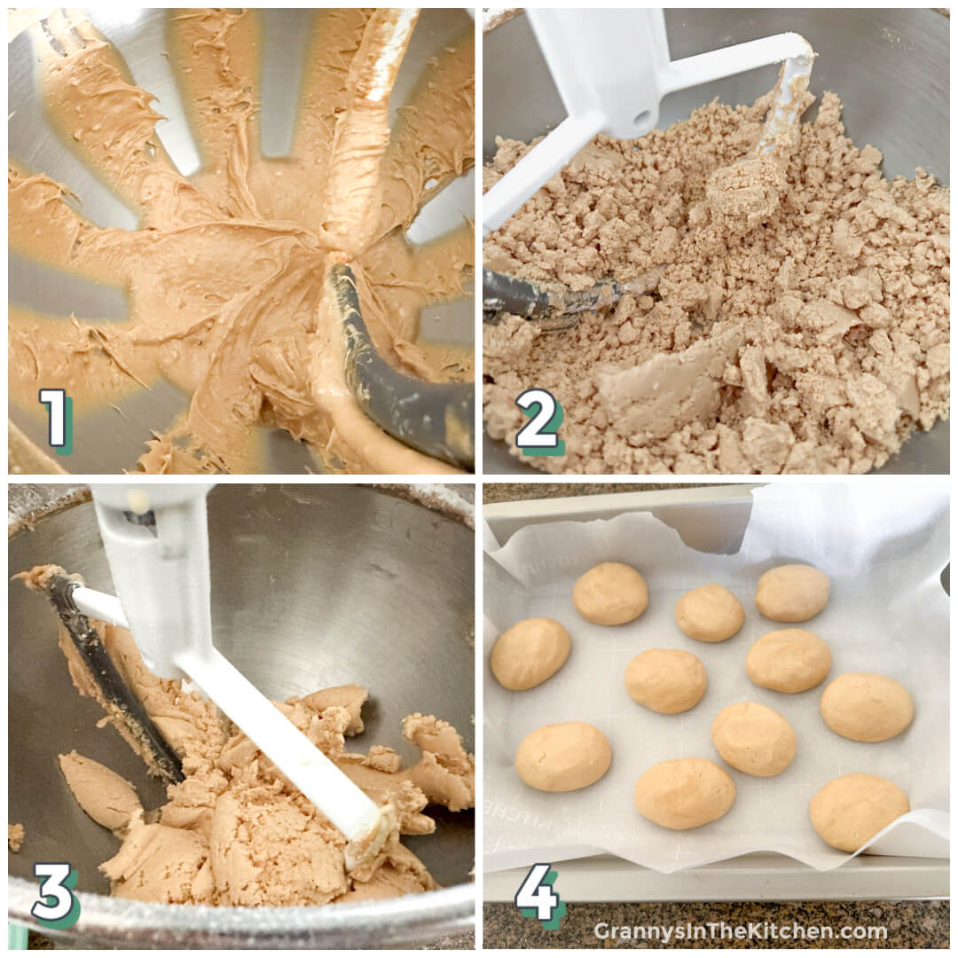 4 step photo collage showing how to make peanut butter filling for Easter eggs.