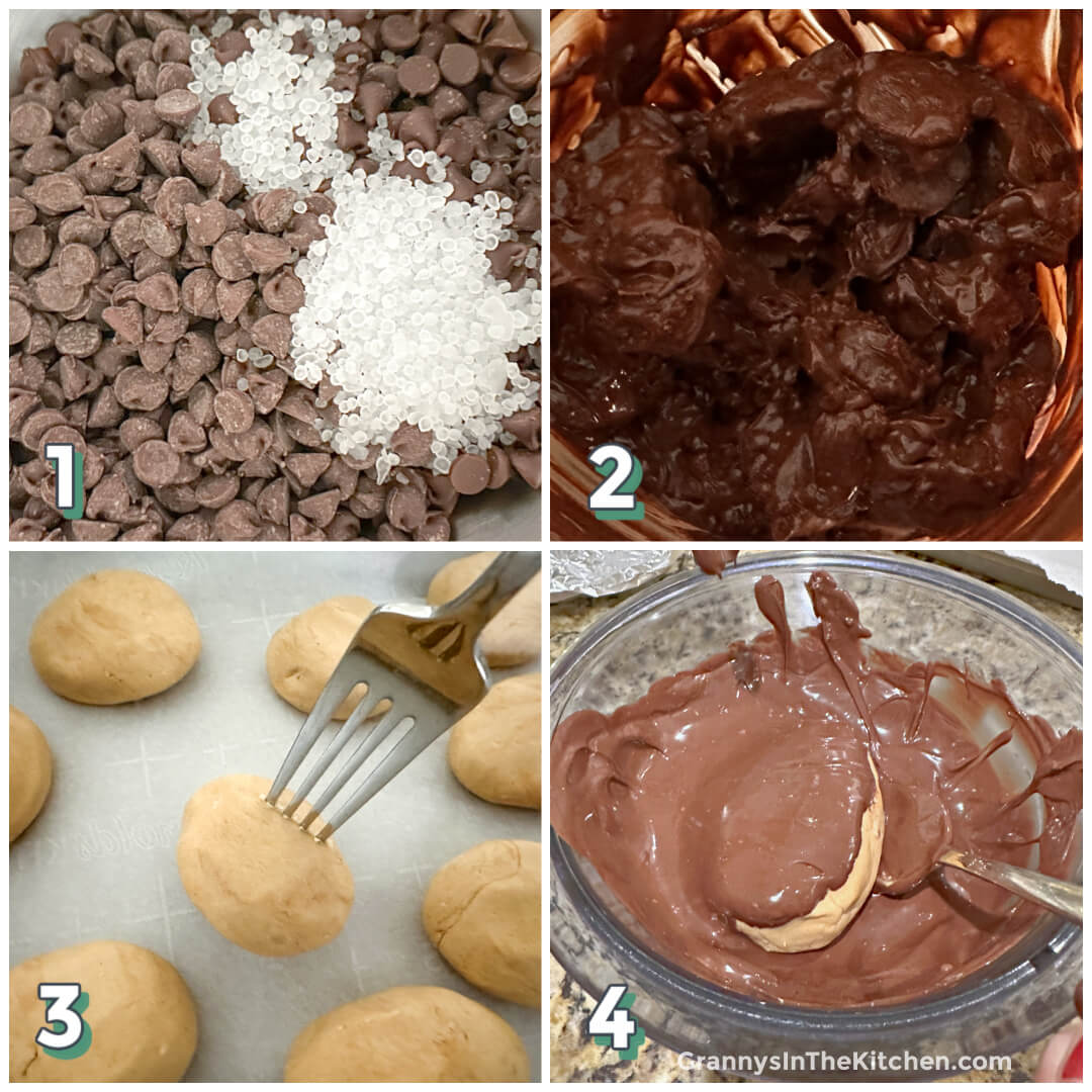 4 step photo collage showing how to make chocolate dipped peanut butter eggs.