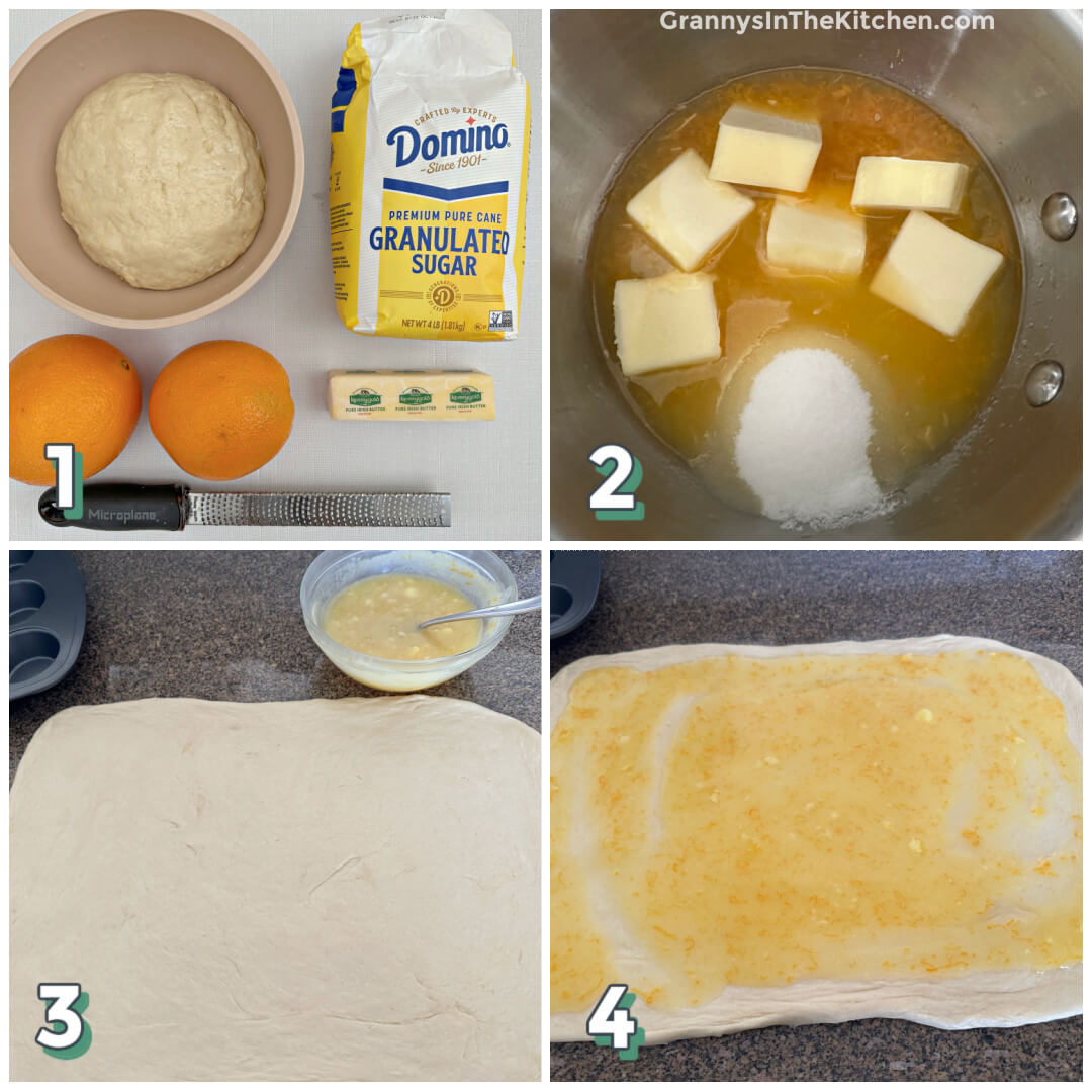 4 step photo collage showing how to make orange rolls from scratch.