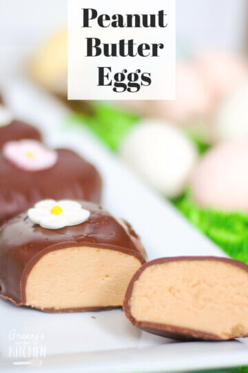 peanut butter eggs, with text overlay of recipe name.
