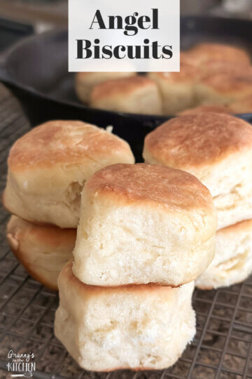 fluffy biscuits with text overlay "Angel Biscuits".