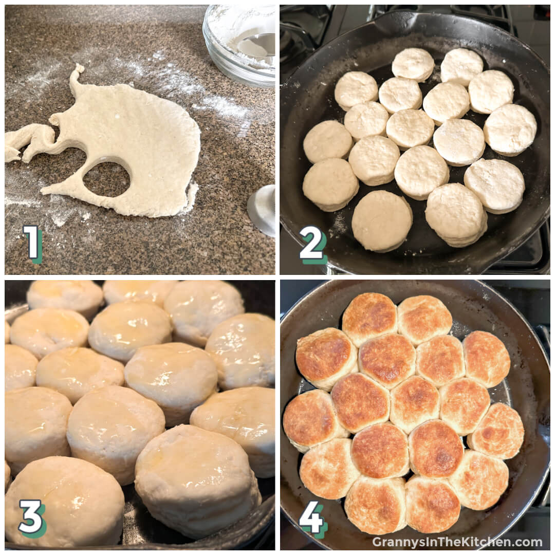 4 step photo collage showing how to make angel biscuits.