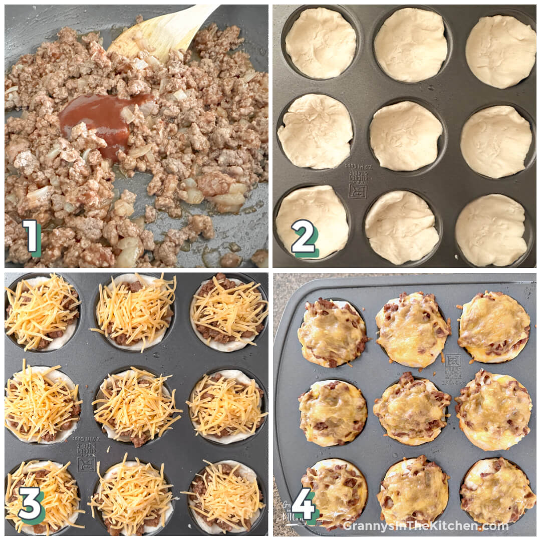 4 step photo collage showing how to make biscuit cups filled with bbq beef.