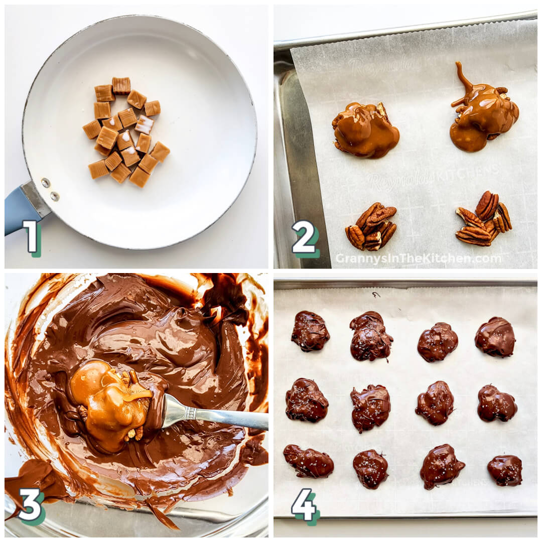 4 step photo collage showing how to make pecan turtles candy