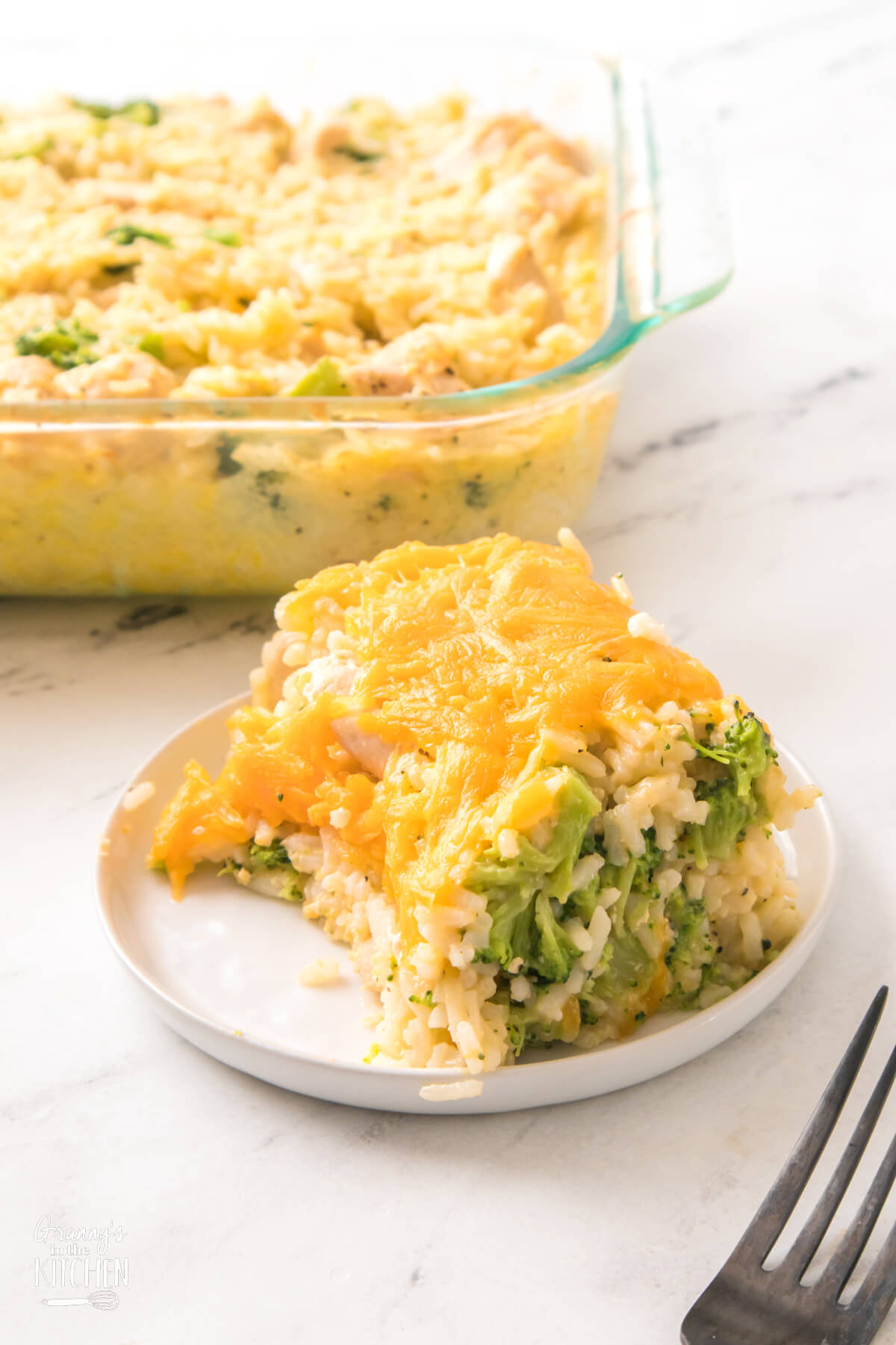 serving of broccoli rice casserole on plate.