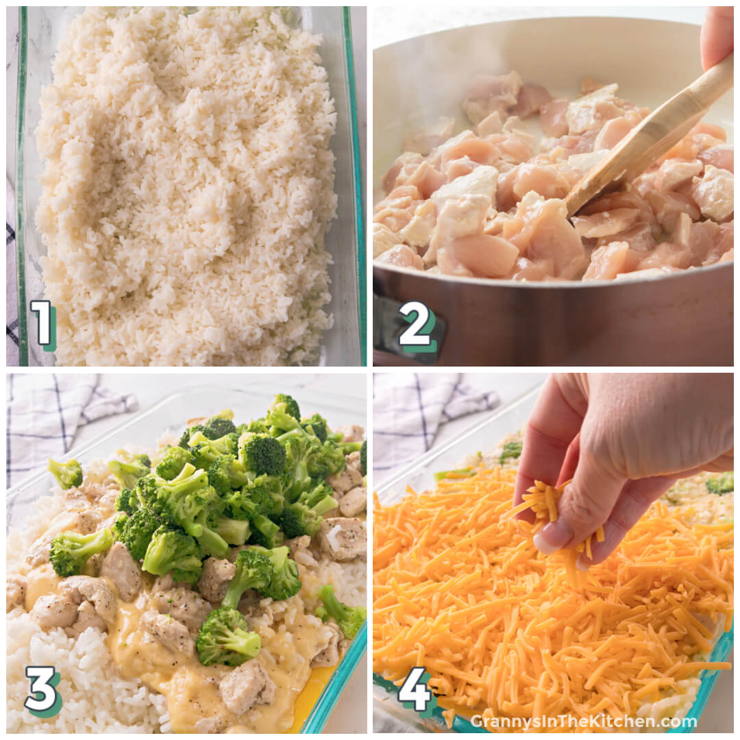 4 step photo collage showing how to make chicken broccoli rice casserole.