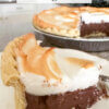 slice of chocolate pie with text overlay "Chocolate Meringue Pie".
