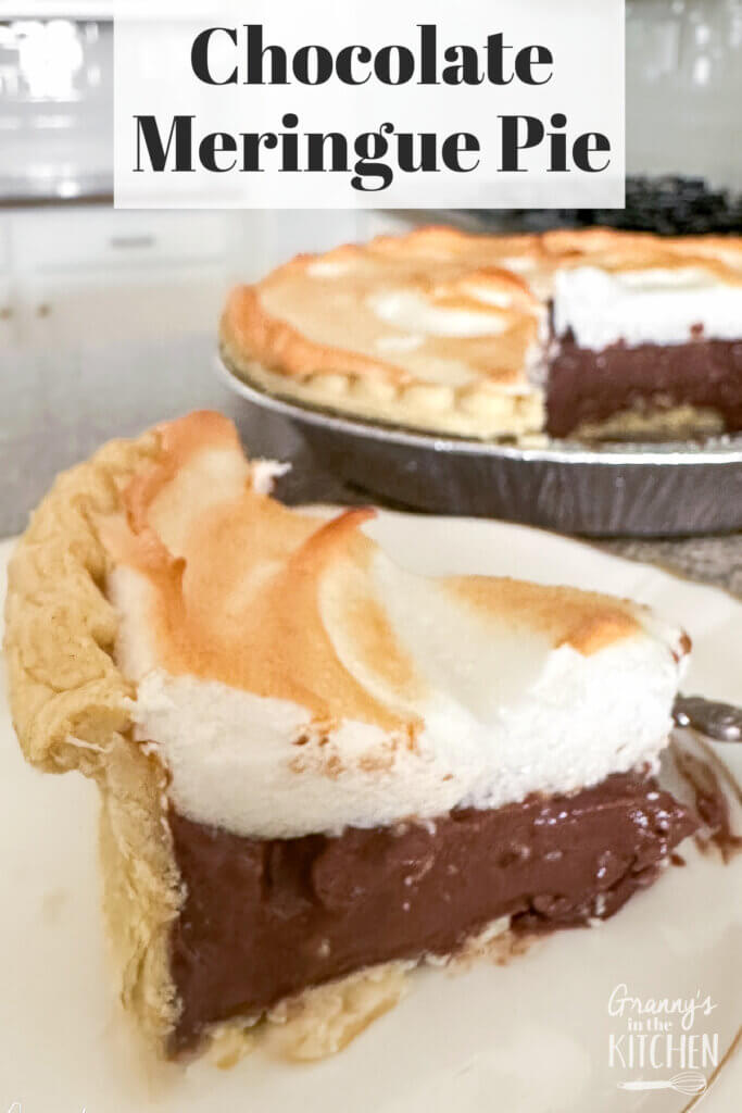 slice of chocolate pie with text overlay "Chocolate Meringue Pie".