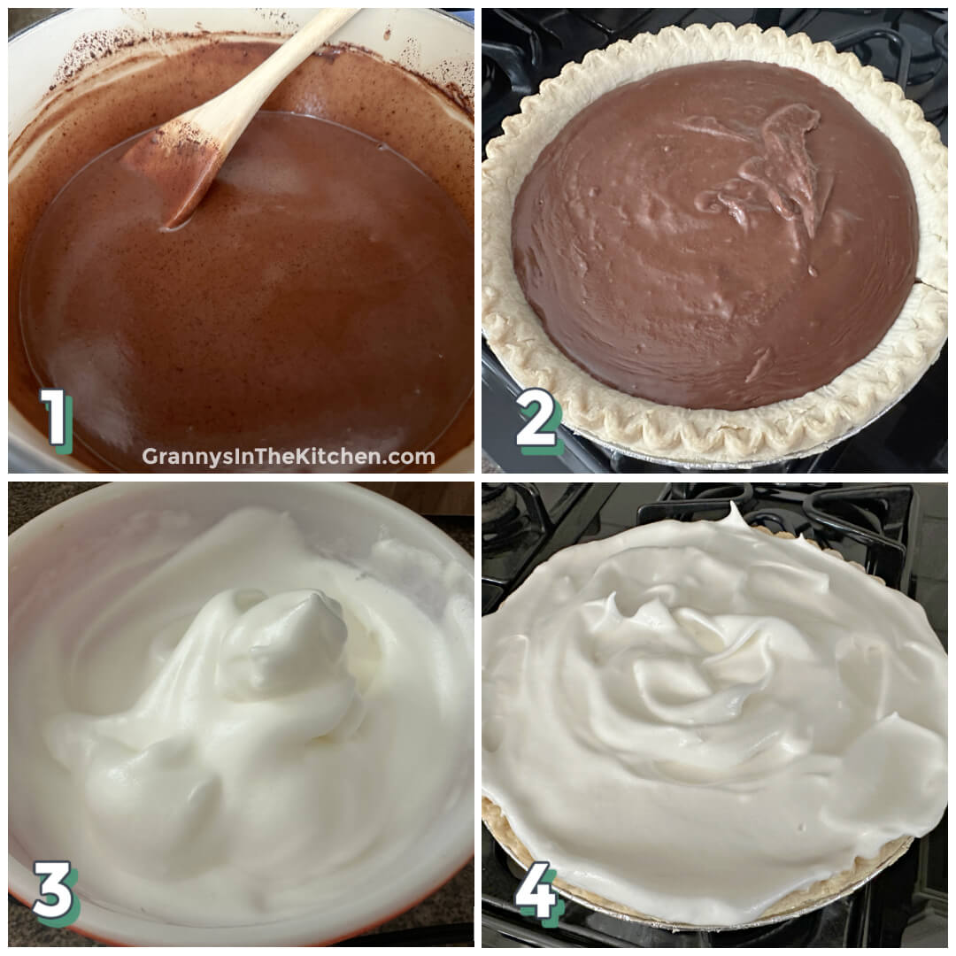 4 step photo collage showing how to make chocolate meringue pie.
