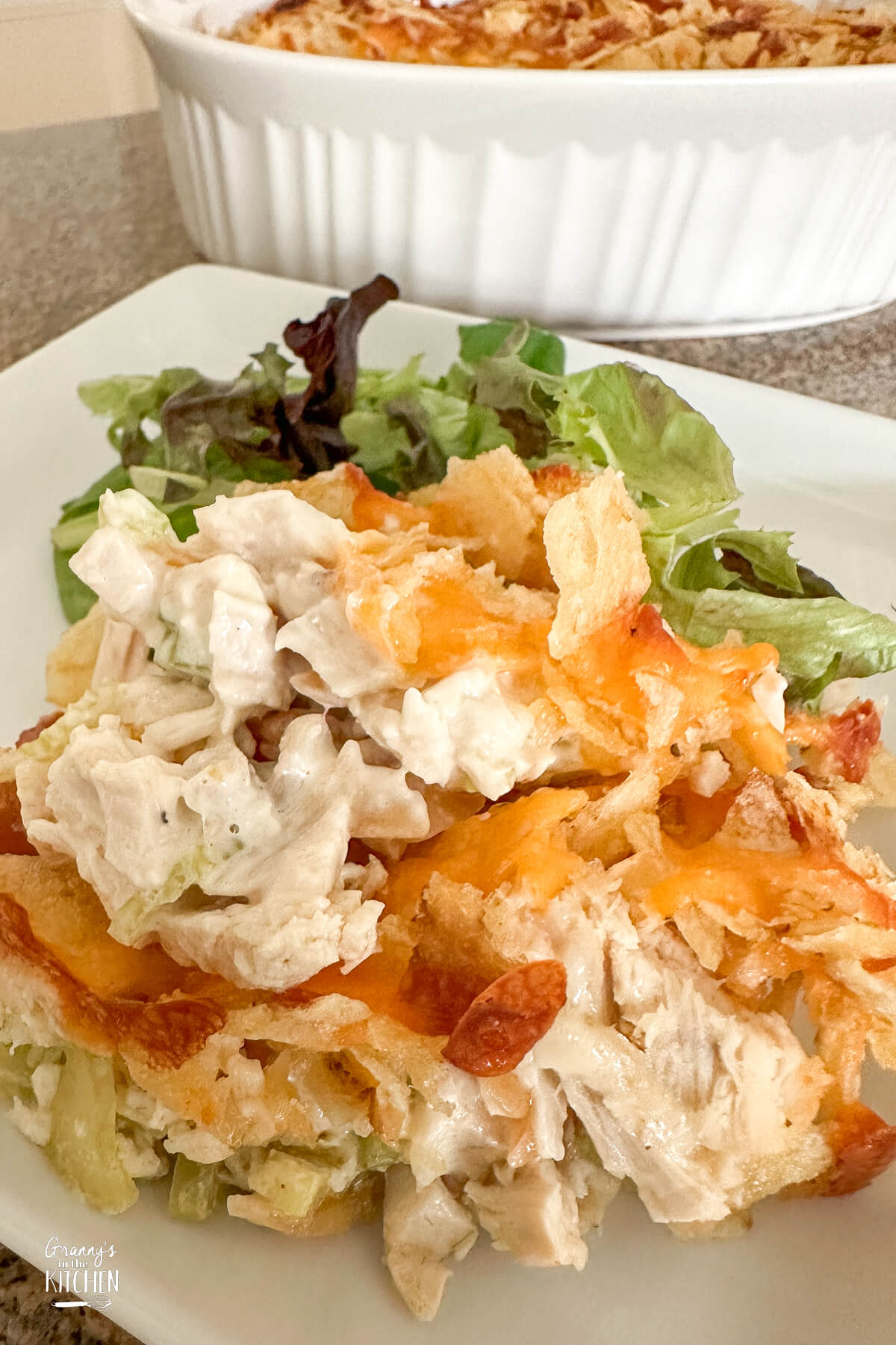 close up of a plate of hot chicken salad.