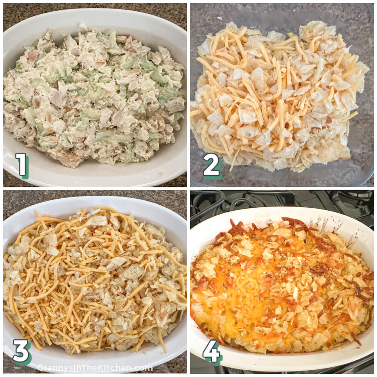 4 step photo collage showing how to make hot chicken salad casserole.
