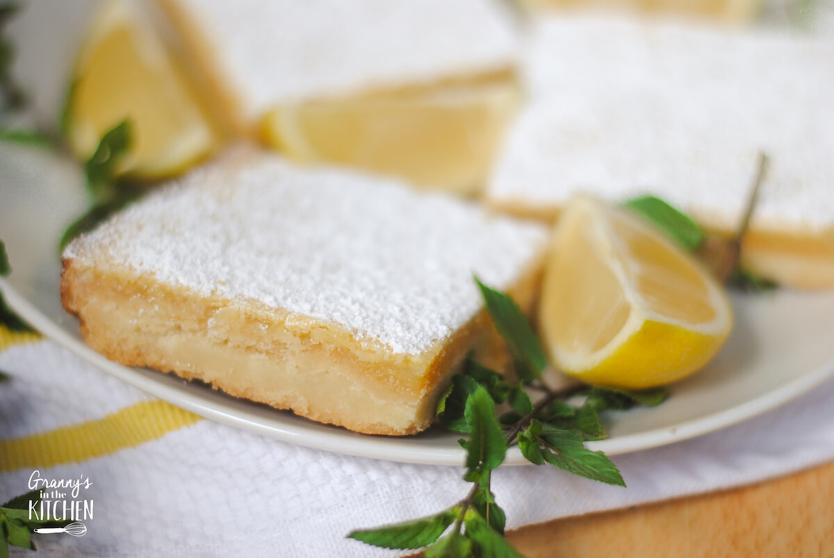lemon bars on plate with sliced lemons.