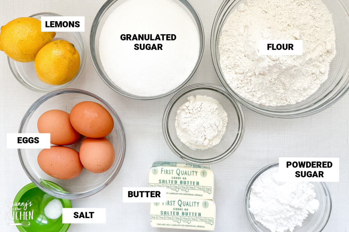 lemon bars ingredients, with text labels.