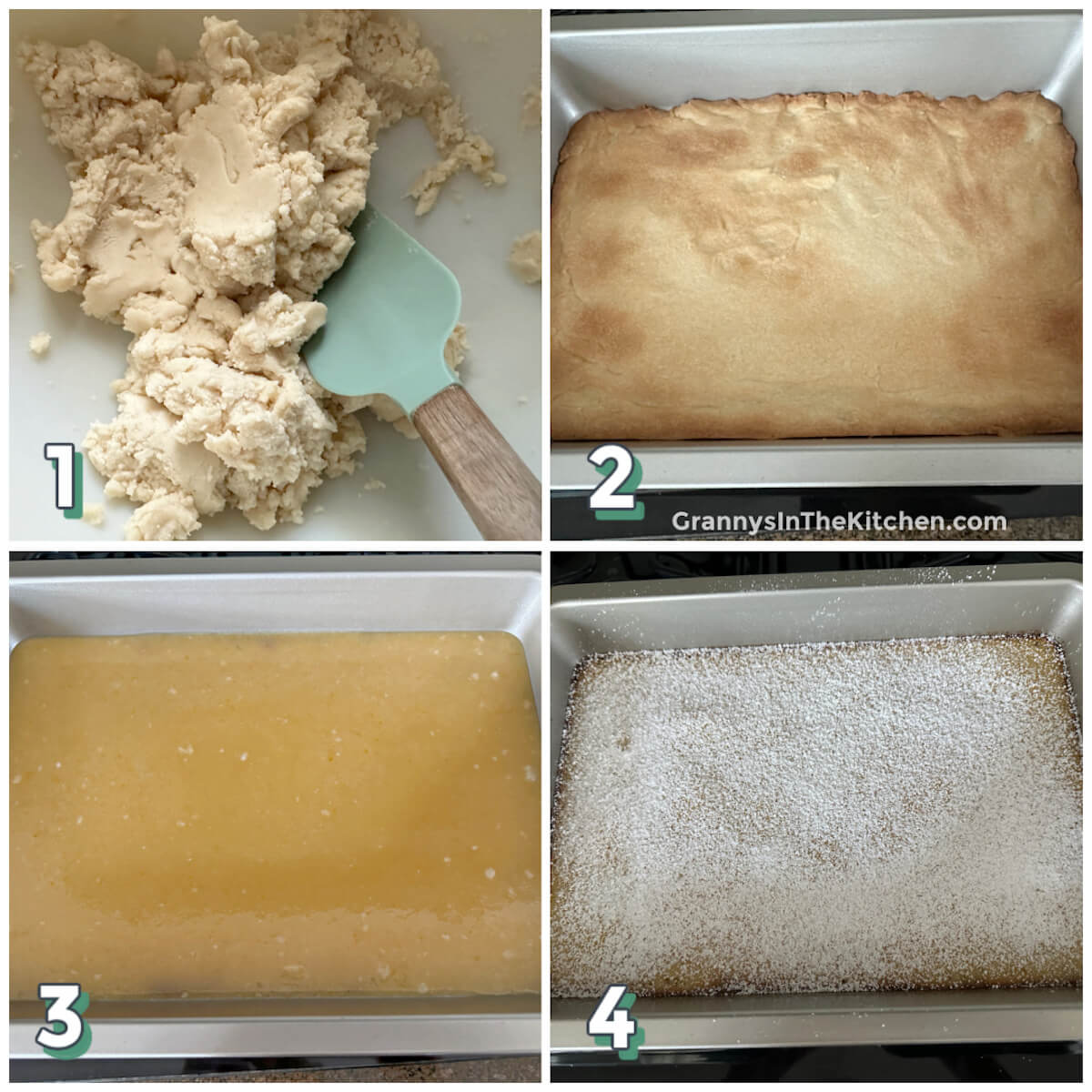 4 step photo collage showing how to make homemade lemon bars.