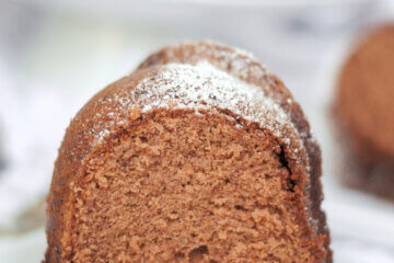 slice of chocolate bundt cake; text overlay "Hershey Bar Cake".