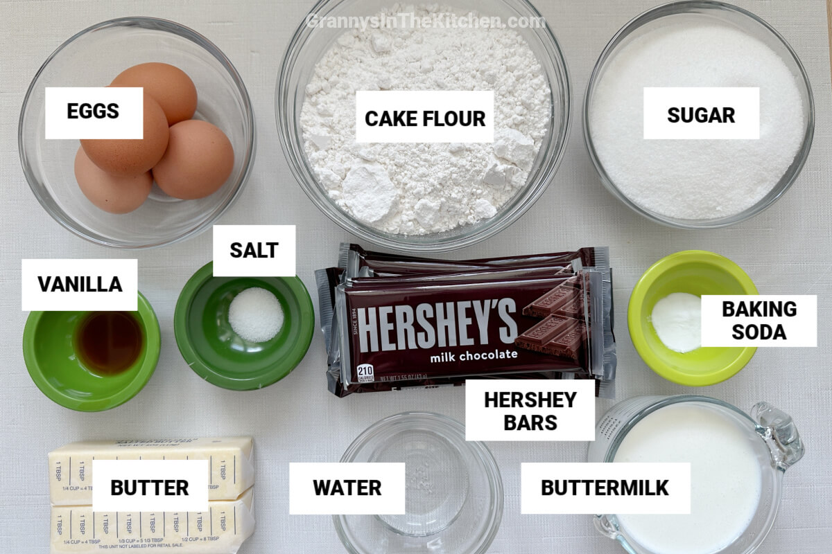 ingredients to make Hershey bar cake, with text labels.