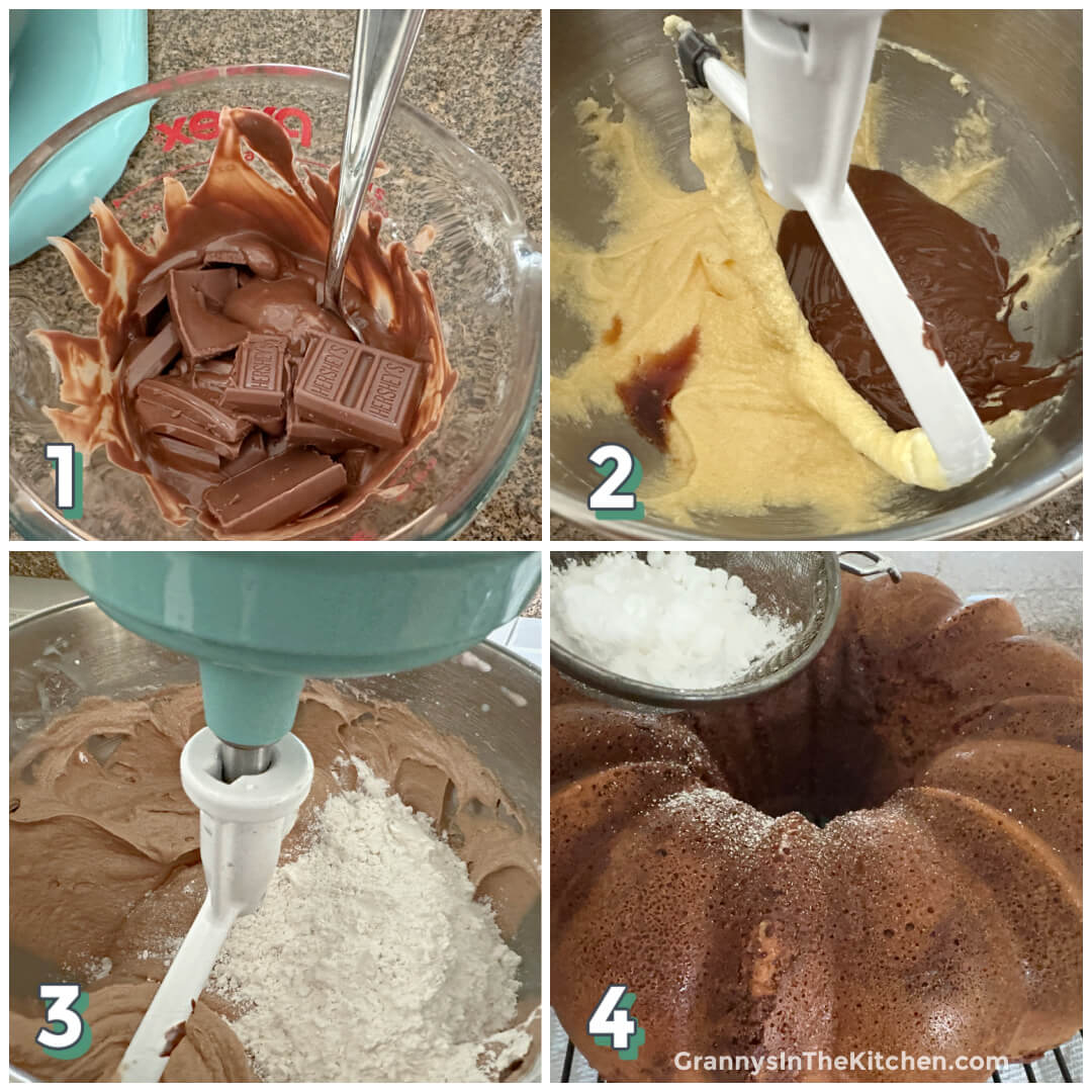 4 step photo collage showing how to make chocolate bundt cake with Hershey bars.