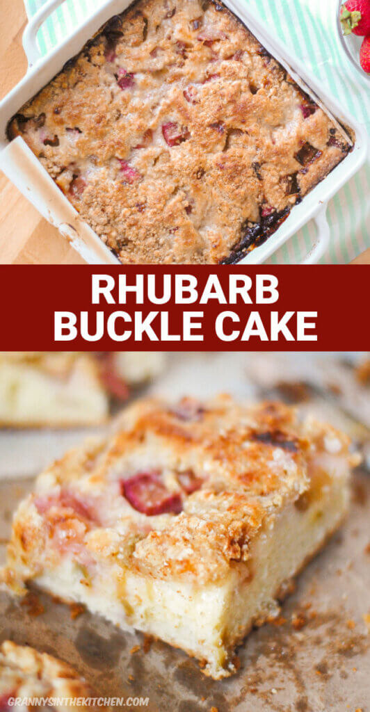 Rhubarb Buckle Cake Pinterest Image.