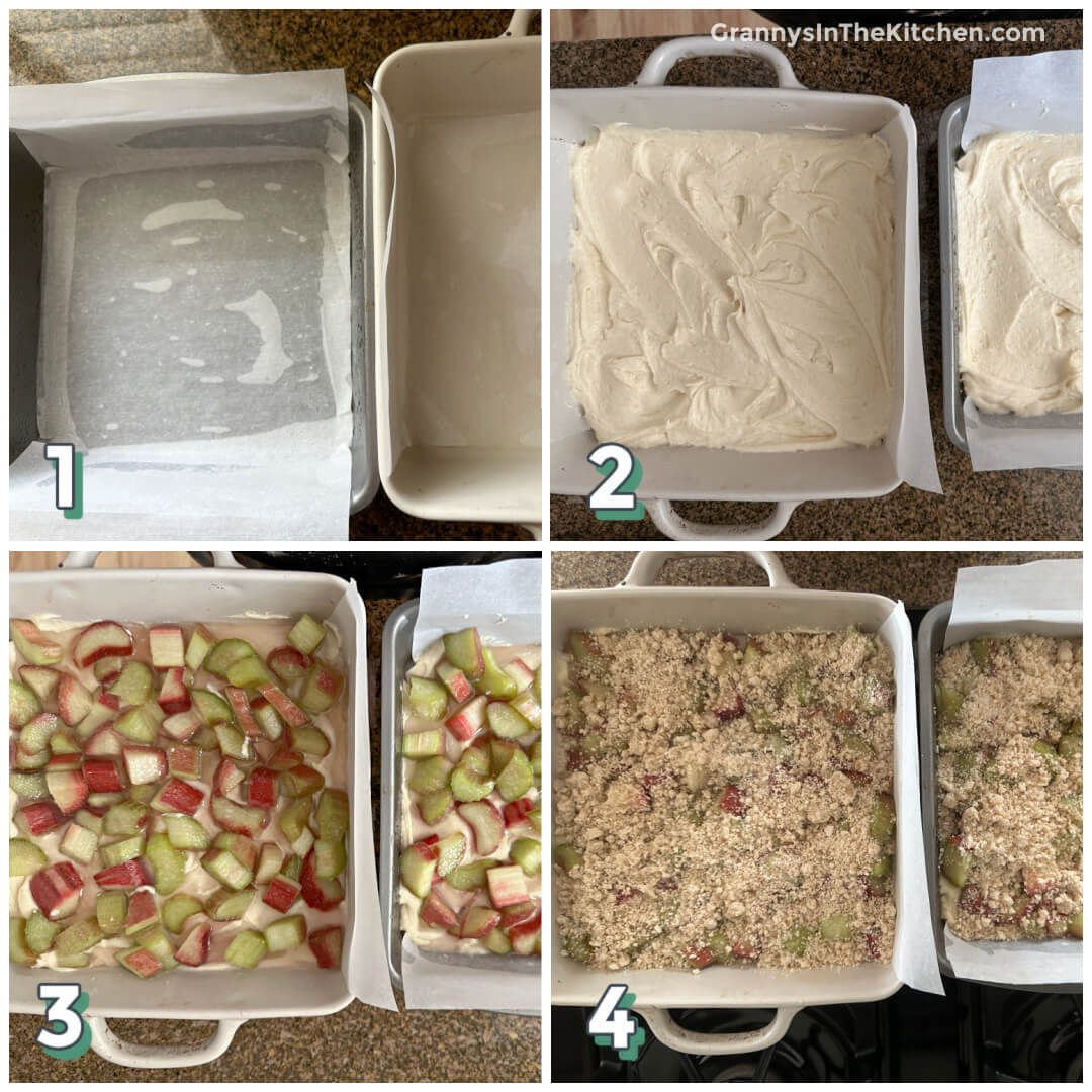 4 step photo collage showing how to make a rhubarb buckle.