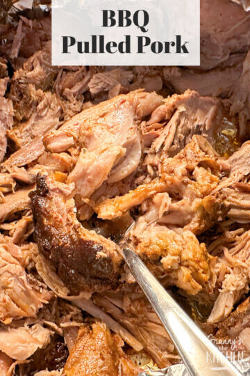 close up of shredded pork; text overlay "BBQ Pulled Pork".
