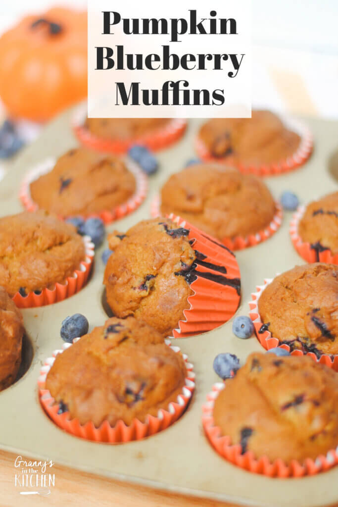 pumpkin blueberry muffins, with text overlay of recipe name.
