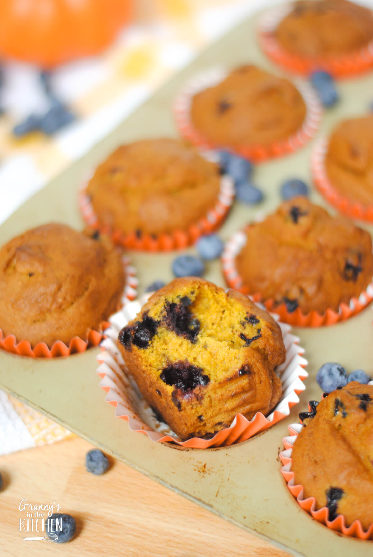 pan of blueberry pumpkin muffins.