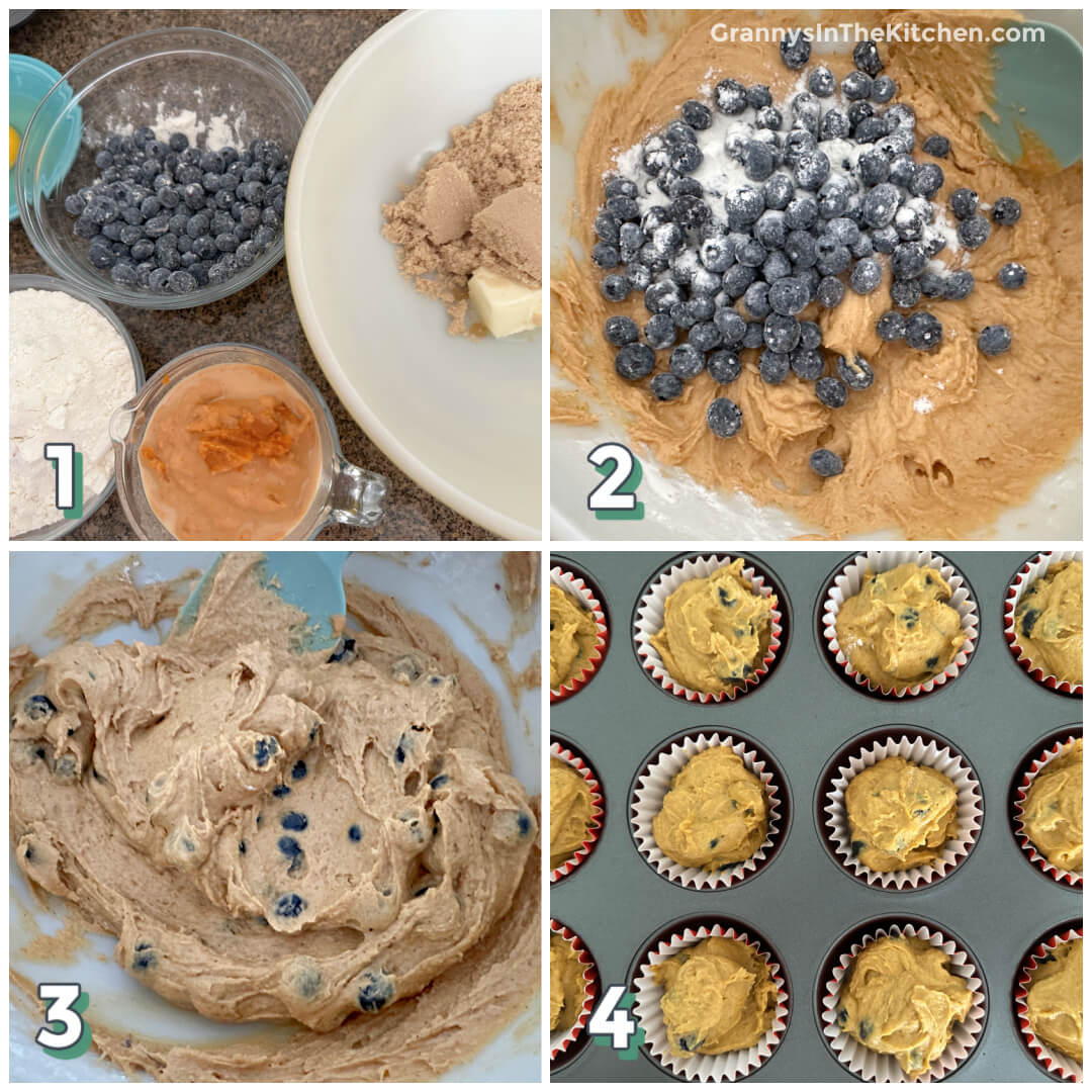 4 step photo collage showing how to make pumpkin blueberry muffins.