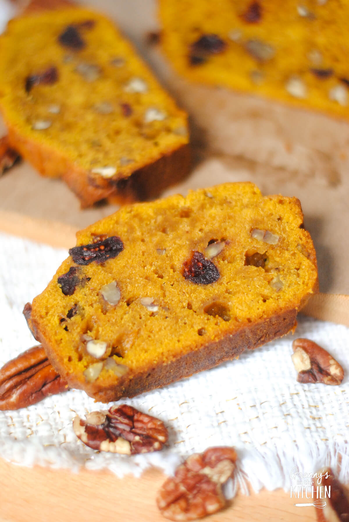 slice of pumpkin cranberry nut bread.
