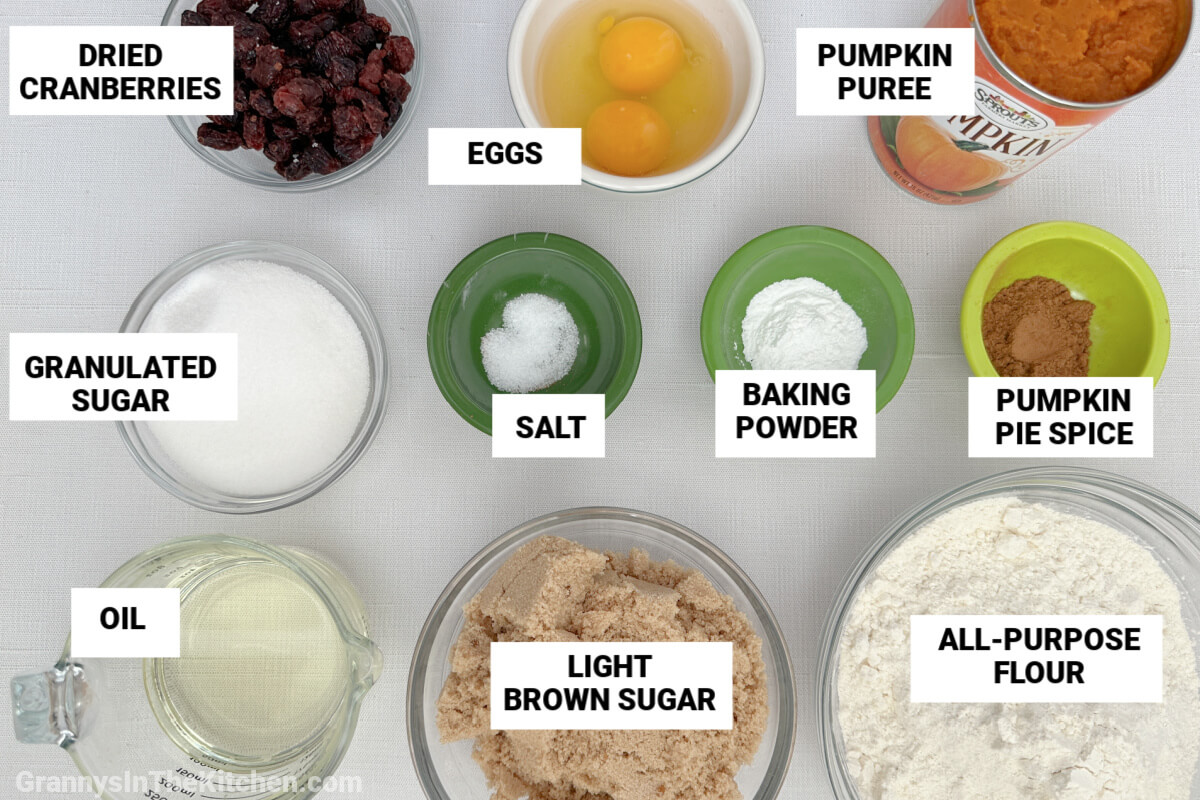 pumpkin cranberry bread ingredients, with text labels.
