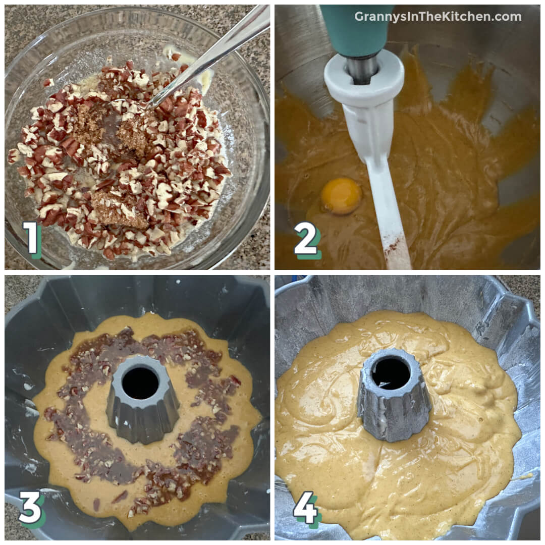 4 step photo collage showing how to make a pumpkin pecan bundt cake.