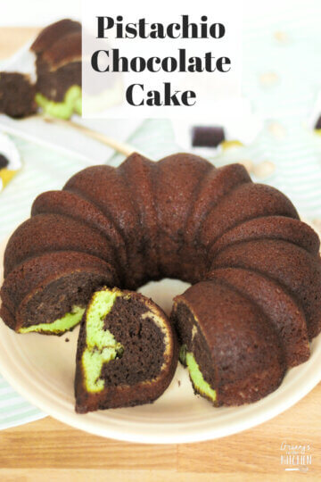 swirled chocolate pistachio bundt cake with text overlay of recipe name.