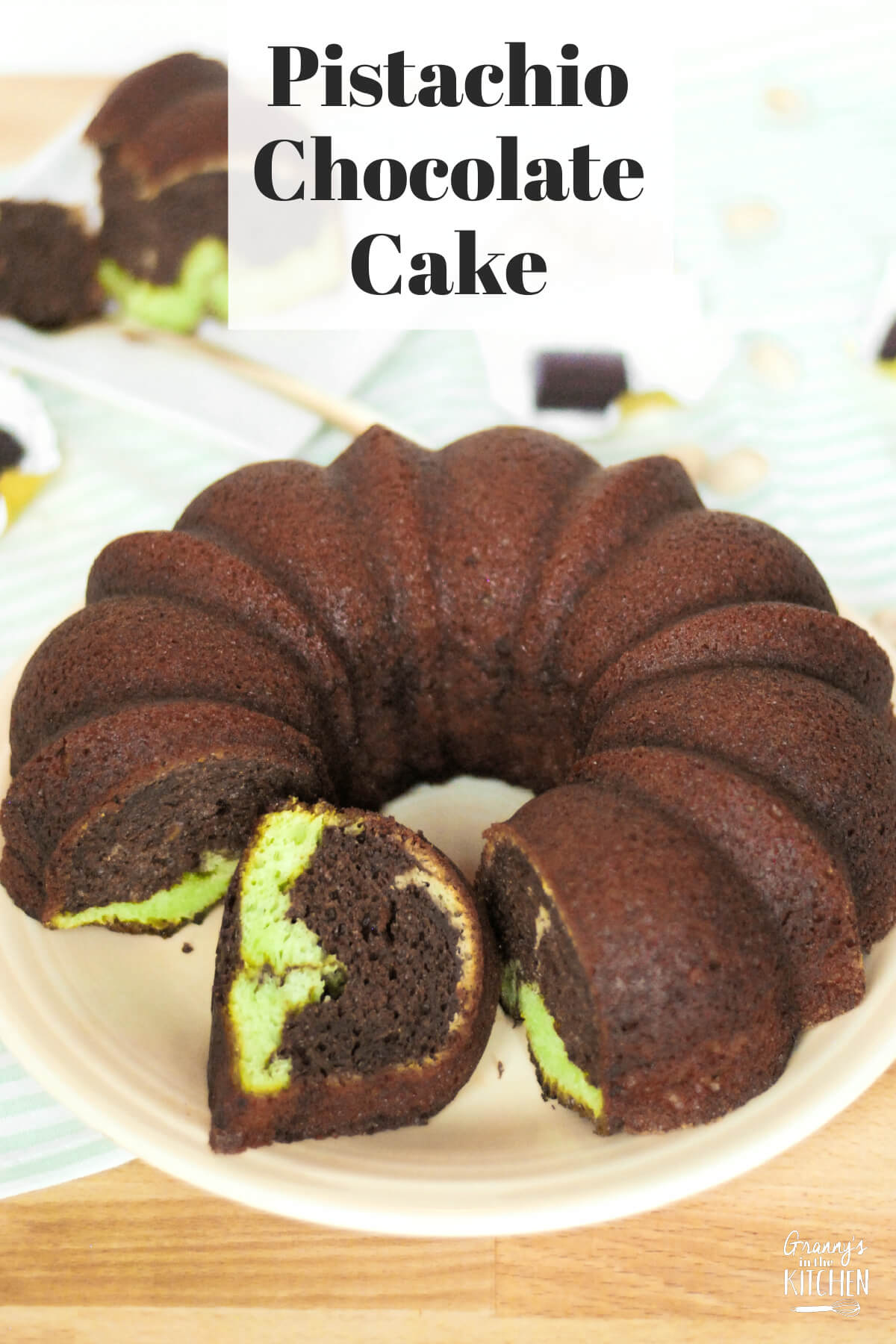 swirled chocolate pistachio bundt cake with text overlay of recipe name.
