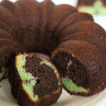 a swirled pistachio chocolate bundt cake.
