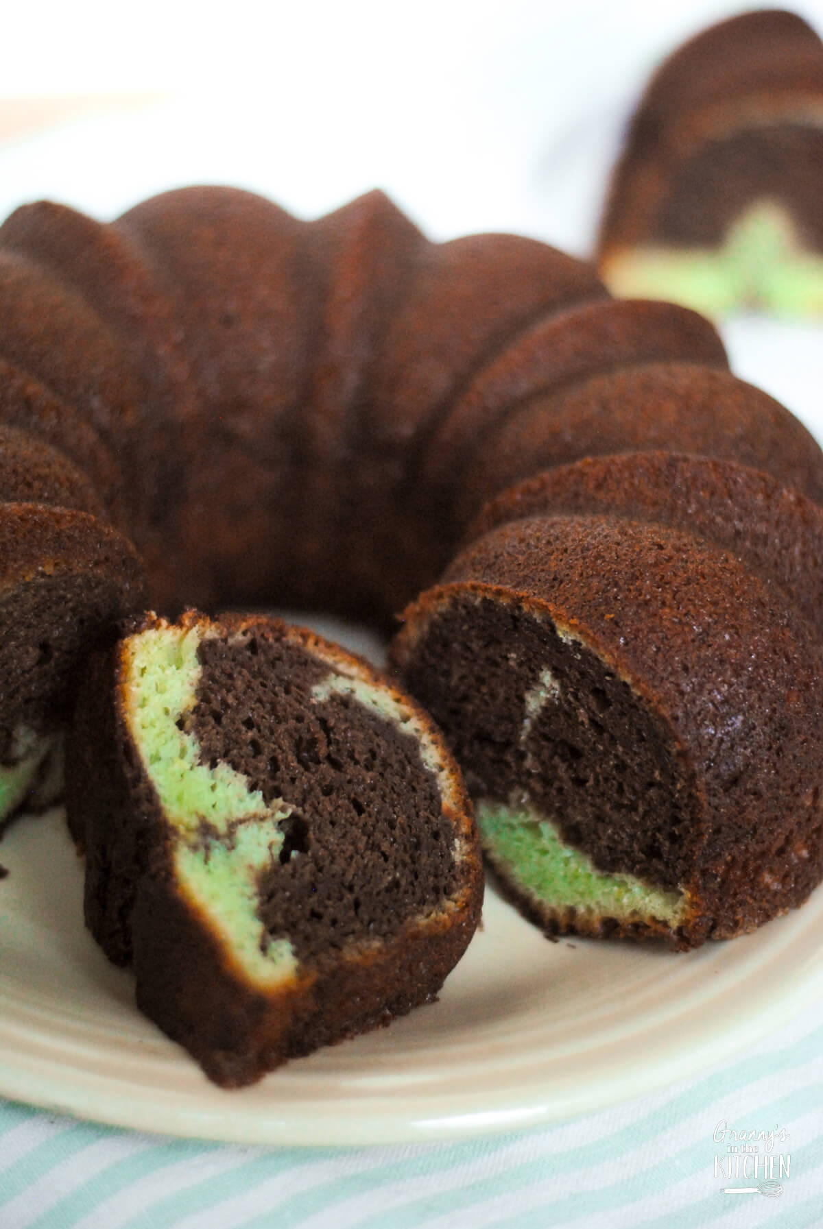 a swirled pistachio chocolate bundt cake.