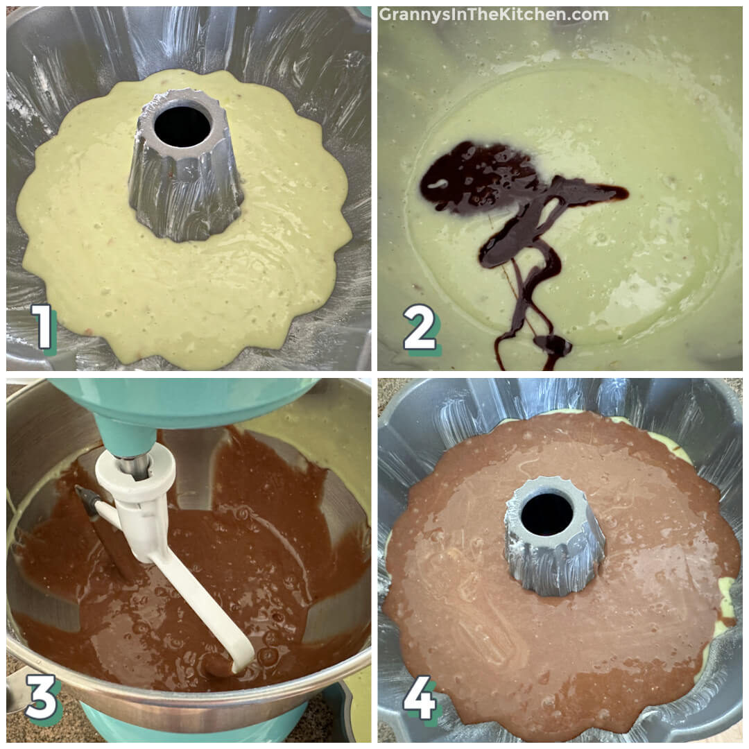 4 step photo collage showing how to make a swirled pistachio chocolate cake.
