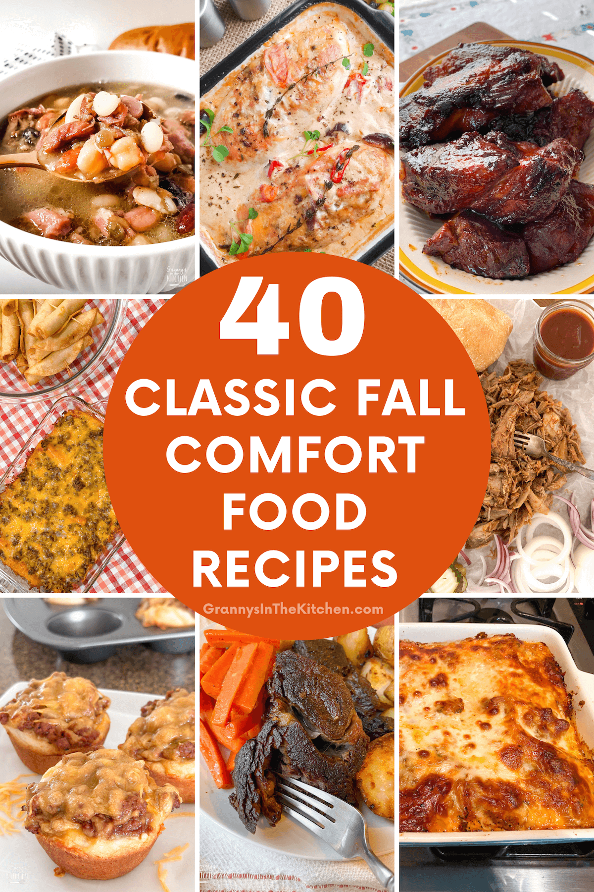 collage of dinner photos; text overlay "40 Classic Fall Comfort Food Recipes".