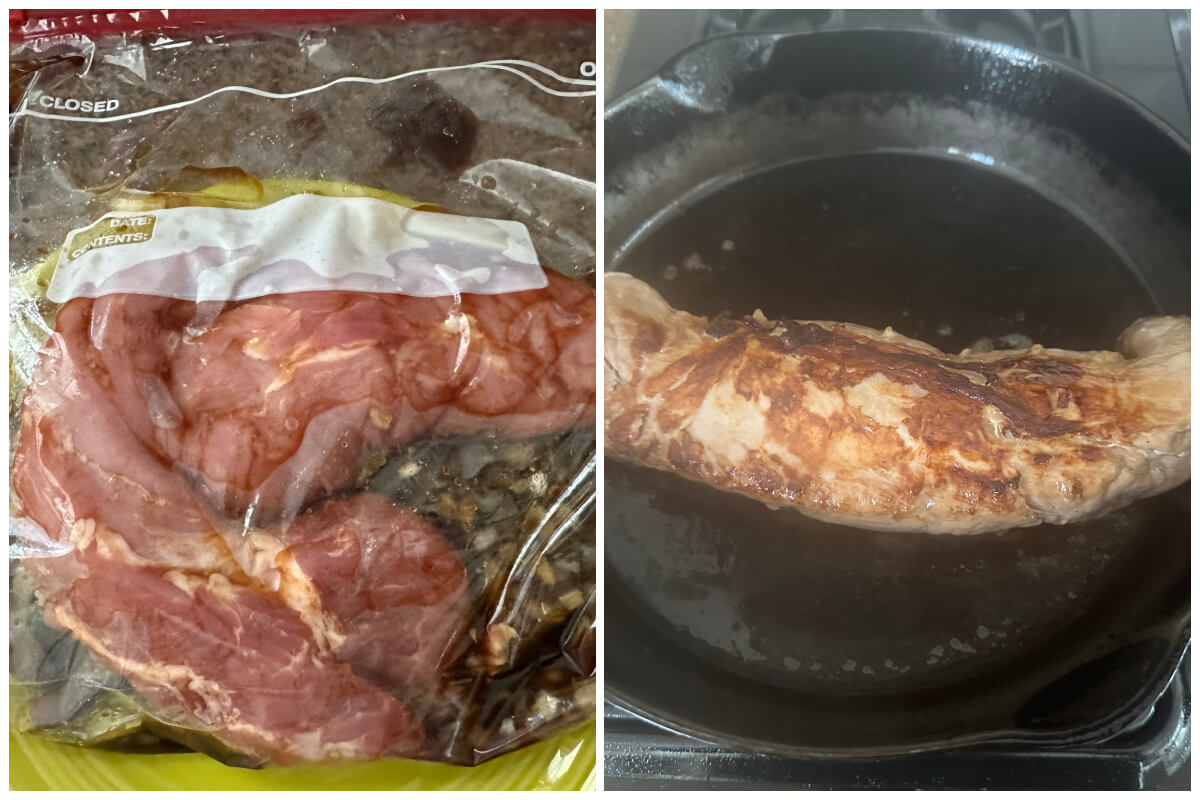 2 step photo collage showing how to make a marinated pork tenderloin.