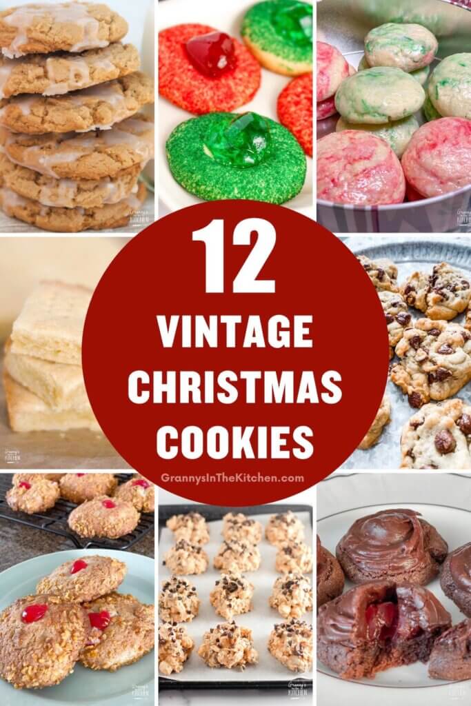 collage image of 12 vintage Christmas cookies.
