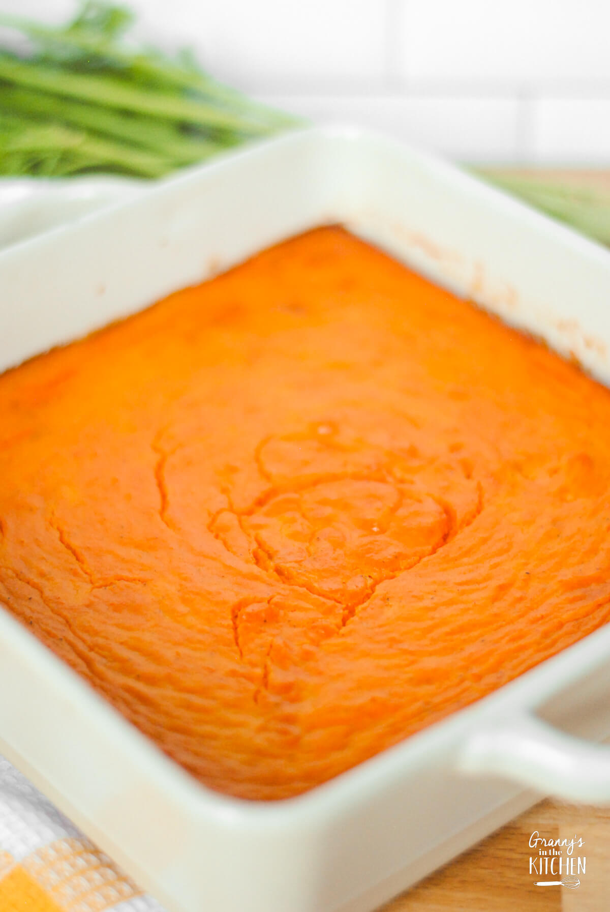 close up of carrot souffle in pan.