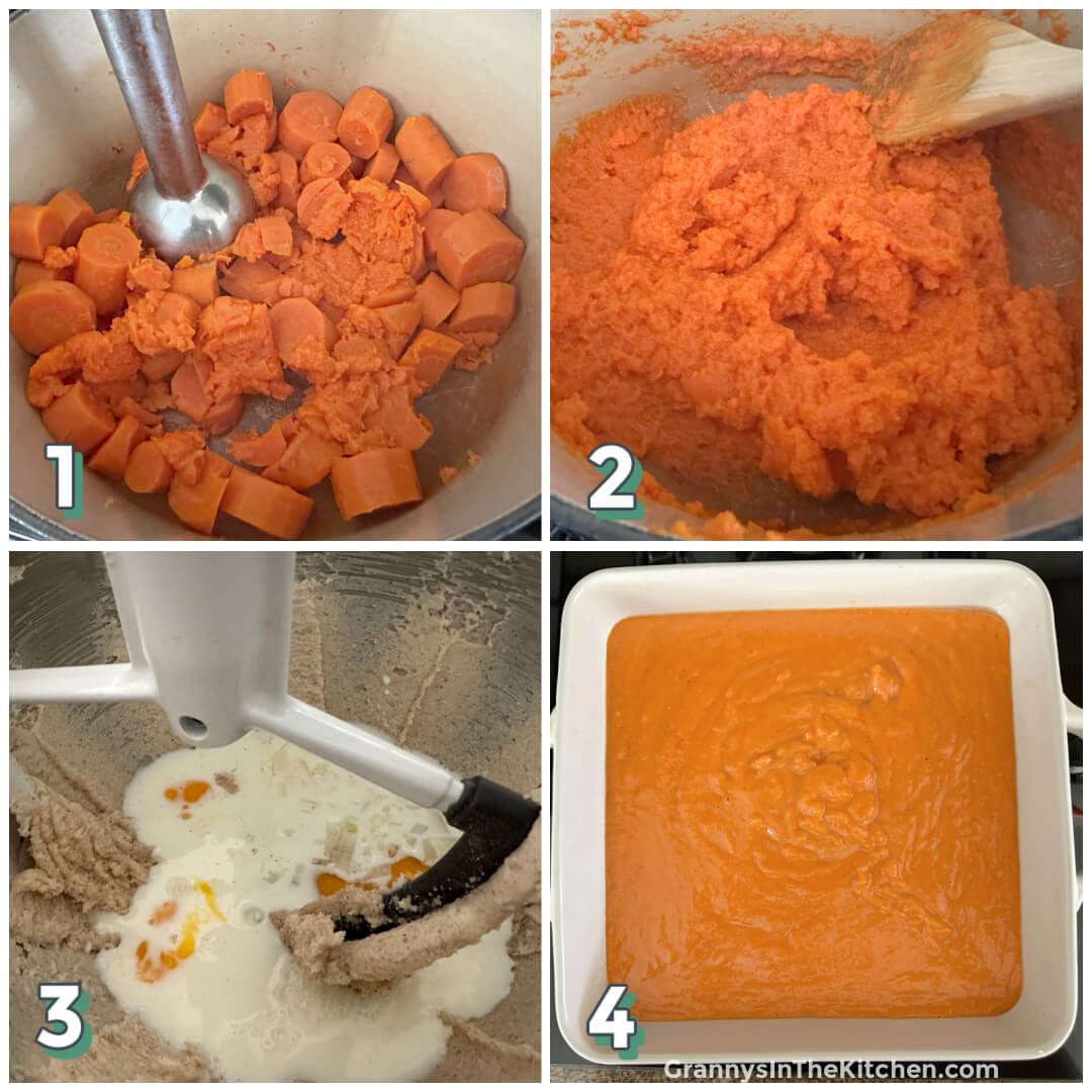 4 step photo collage showing how to make carrot casserole or Soufflé.