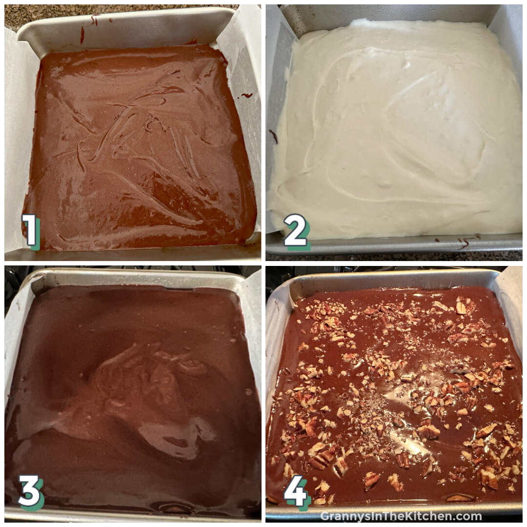 4 step photo collage showing how to make brownies topped with cheesecake and ganache.