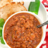 bowl of homemade chili with text overlay, "No Bean Chili."