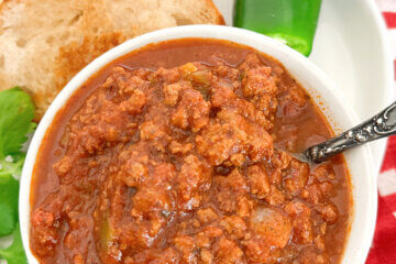 bowl of homemade chili with text overlay, "No Bean Chili."