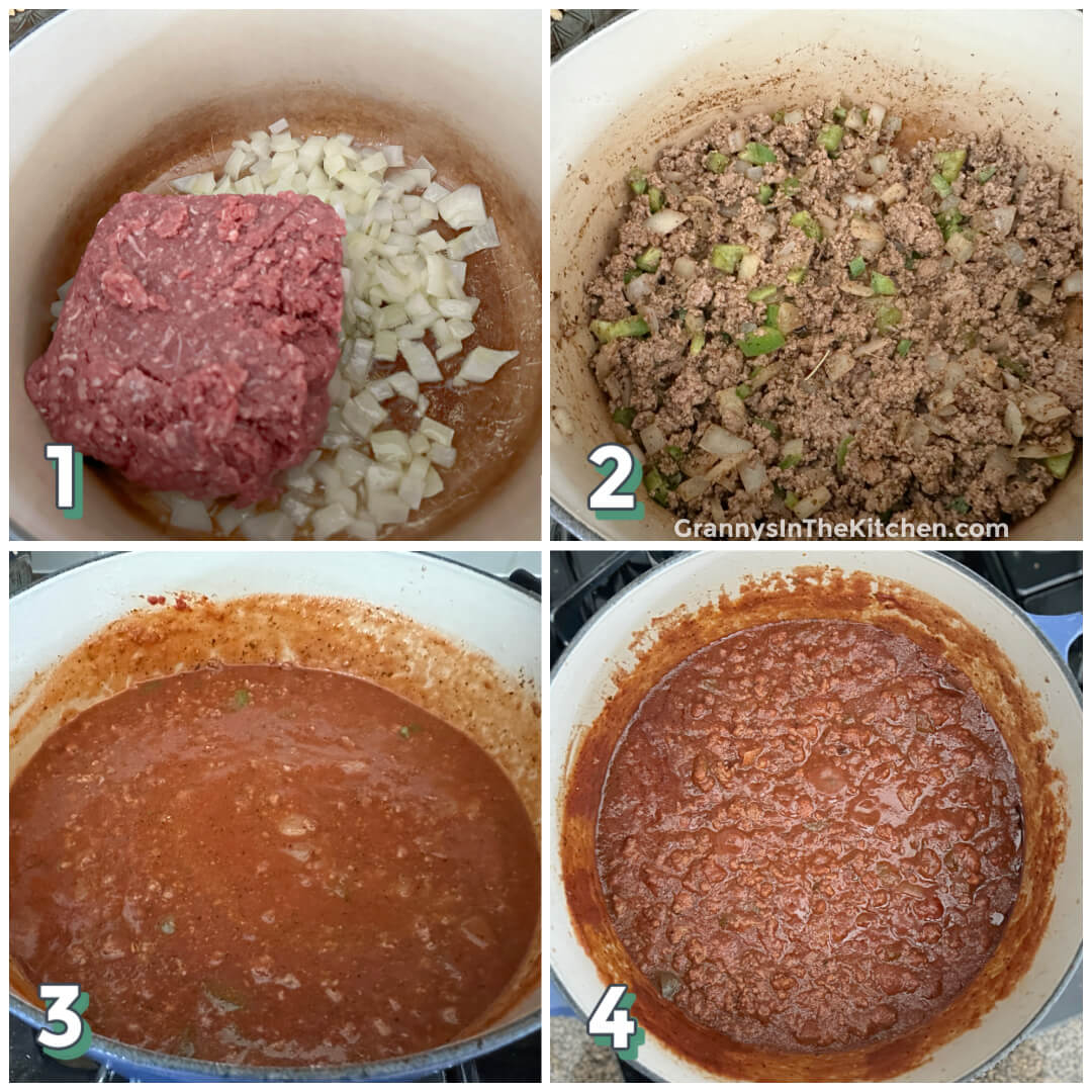 4 step photo collage showing how to make no bean chili on the stovetop.