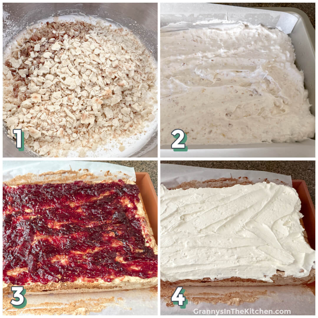 4 step photo collage showing how to make a saltine cracker torte.